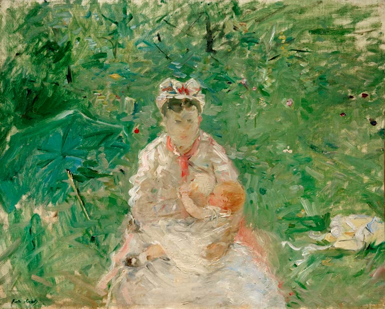 Amme in Weiß stillt ein Kind inmitten üppigen Grüns – Berthe Morisot Nourrice et bébé Kunstkopie