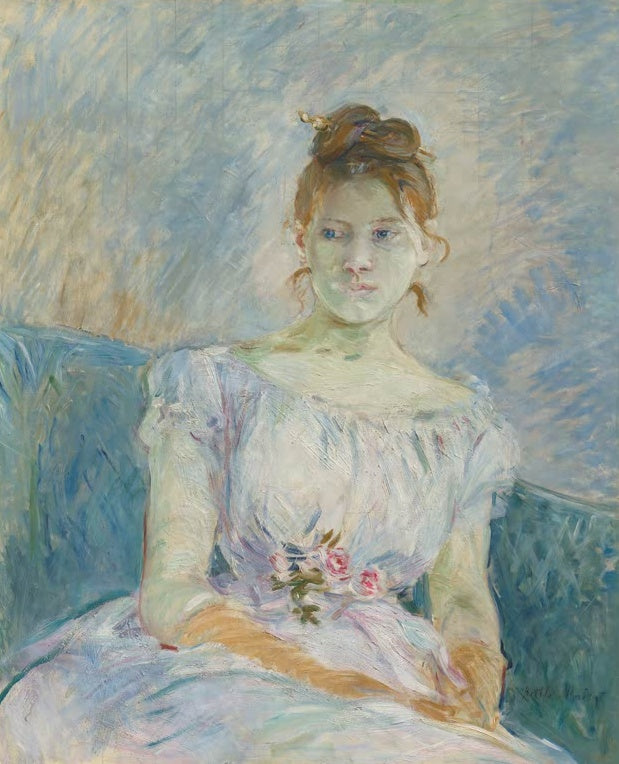 Berthe Morisot Paule Gobillard im Ballkleid Kunstkopie, junge Frau in hellblauem Kleid mit rosa Rosen am Gürtel