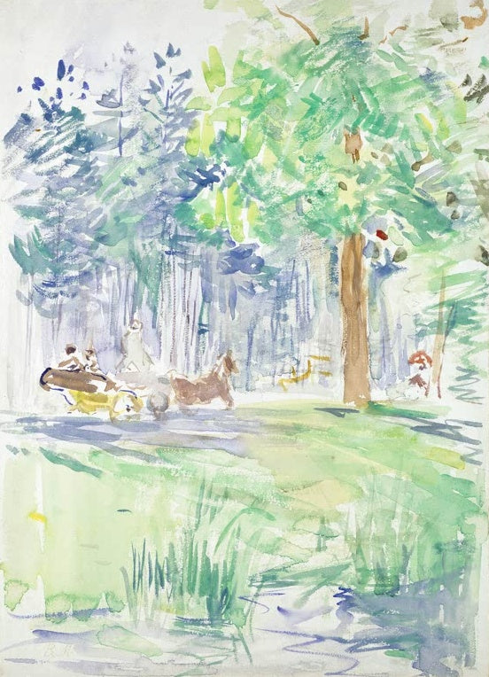 Berthe Morisot Pferdewagen auf einem Waldweg Kunstkopie, Aquarell mit Pferdekutsche unter hohen Bäumen am Flussweg