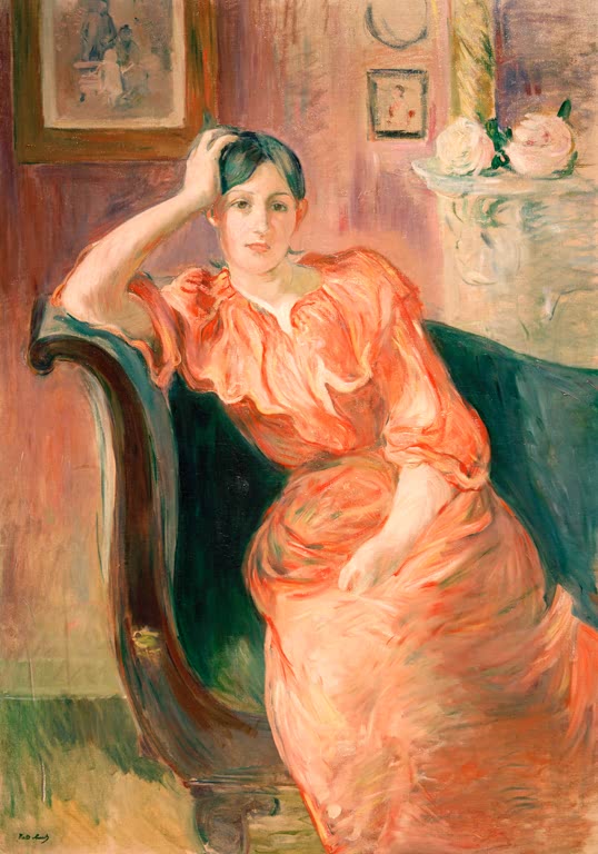 Junge Frau in lachsrotem Kleid stützt den Kopf auf dem Sofa auf – Berthe Morisot Portrait de Jeanne Pontillon Kunstkopie