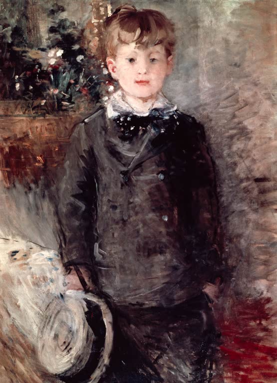 Junge in dunklem Anzug mit Spitzenkragen hält einen Hut in der Hand – Berthe Morisot Portrait de jeune garçon Kunstkopie
