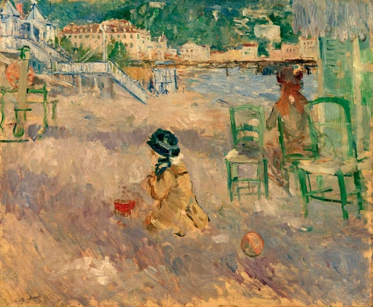 Berthe Morisot Strand in Nizza Kunstkopie, Kind im Sand zwischen grünen Stühlen vor der Küste von Nizza
