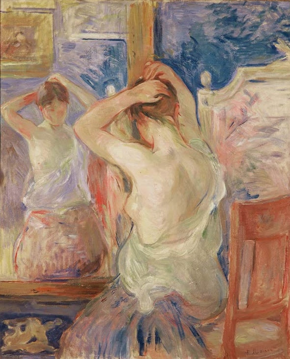 Berthe Morisot Vor der Psyche Kunstkopie, Frau von hinten beim Hochstecken der Haare vor einem Ankleidespiegel