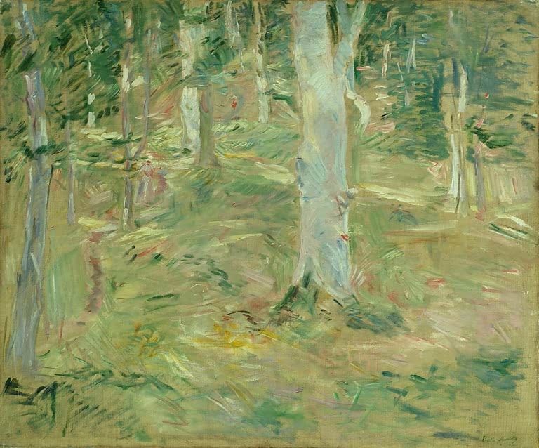 Sonnenbeschienener Buchenwald mit hellen Stämmen und grünem Waldboden – Berthe Morisot Wald von Compiègne Kunstkopie
