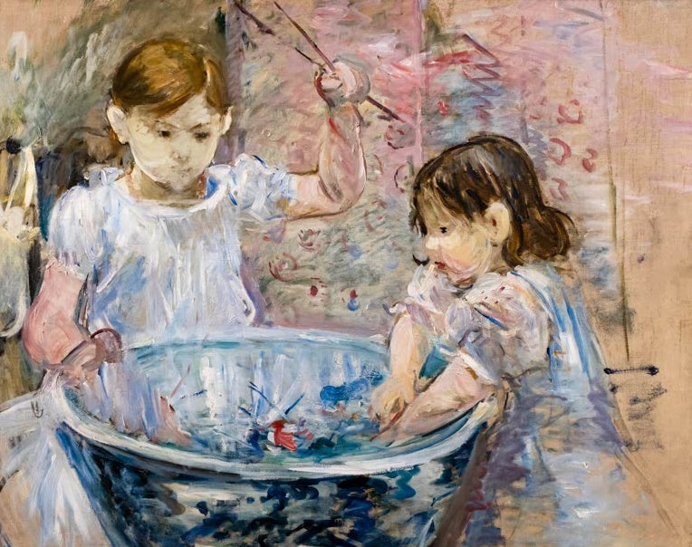 Berthe Morisot Zwei Mädchen am Becken Kunstkopie, zwei Mädchen beugen sich über eine blau-weiße Porzellanschale