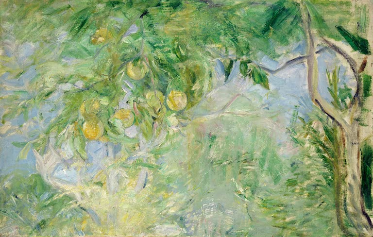 Zitronen an belaubten Zweigen vor hellblauem Himmel – Berthe Morisot Zweige des Orangenbaums Kunstkopie