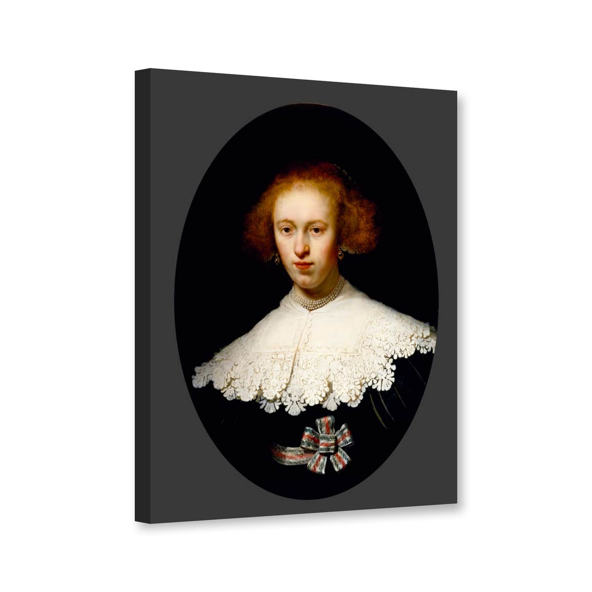 Bildnis einer jungen Frau von Rembrandt van Rijn als Leinwand – Perspektivansicht