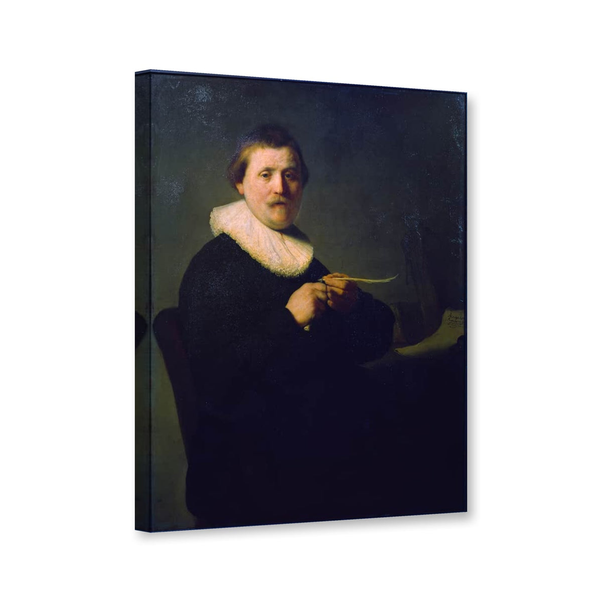 Bildnis eines Feder schneidenden Mannes von Rembrandt van Rijn als Leinwand – Perspektivansicht