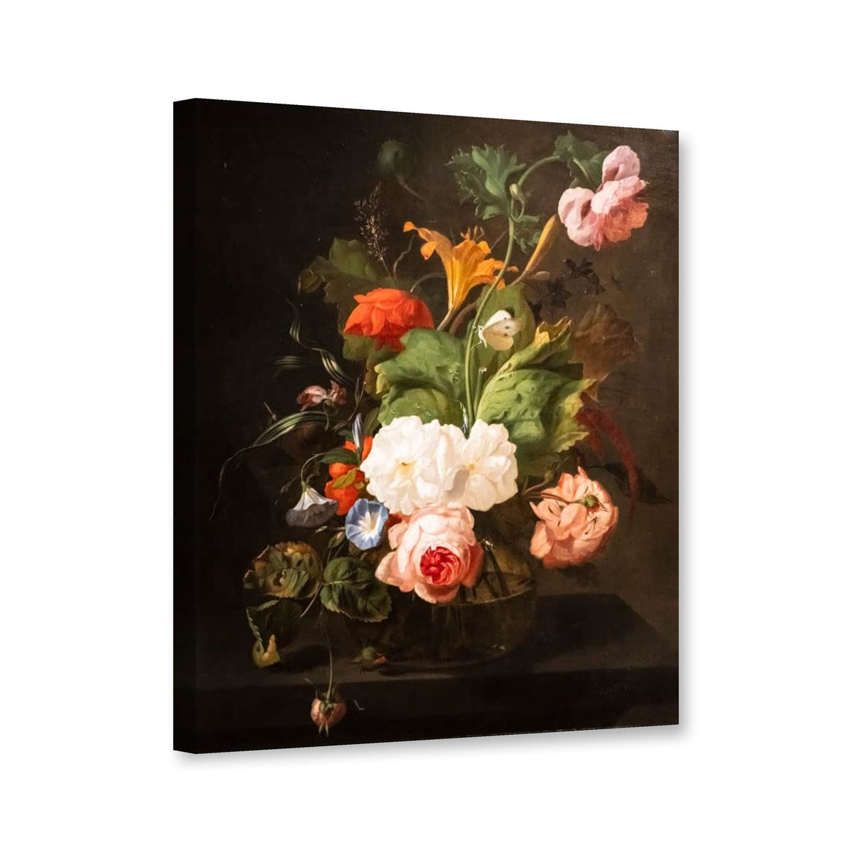 Blumen in einer Glasvase auf einem Marmortisch von Rachel Ruysch als Leinwand – Perspektivansicht