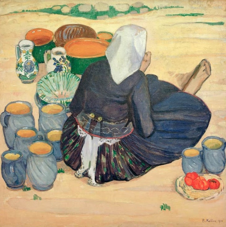 Frau mit weißem Kopftuch sitzt zwischen Tonkrügen und Schalen – Broncia Koller Pinell Töpfermarkt Kunstkopie