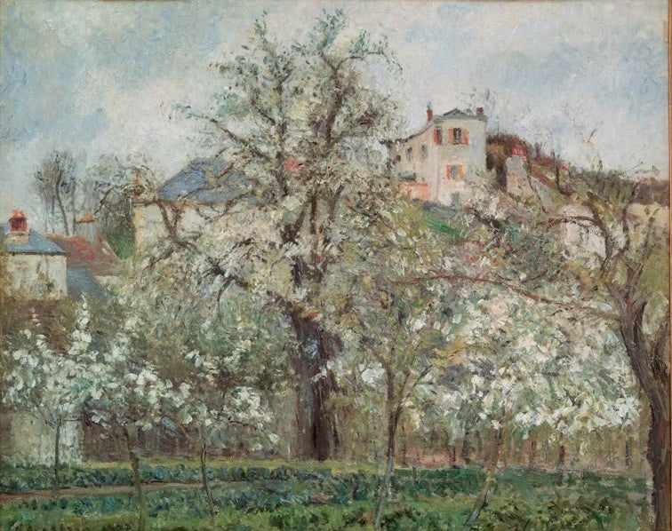Blühende Obstbäume im Gemüsegarten vor Häusern am Hang – Camille Pissarro Printemps. Pruniers en fleurs Kunstkopie