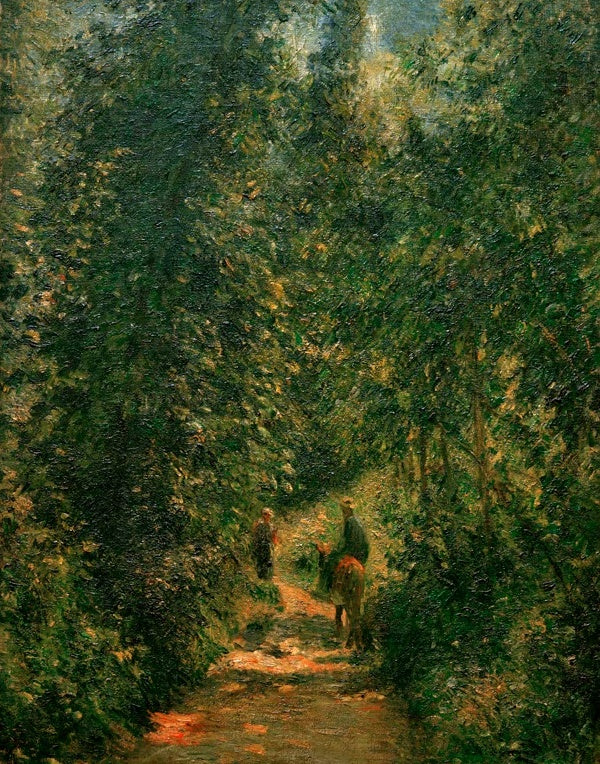 Schmaler Waldweg mit Esel und zwei Gestalten unter dichtem Blätterdach – Camille Pissarro Weg unter Bäumen, Sommer Kunstkopie