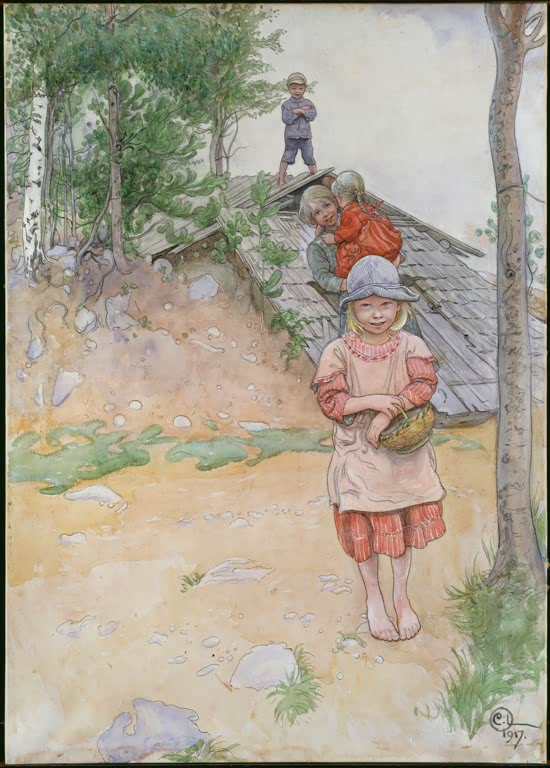 Barfüßiges Mädchen mit Hut und Korb vor einem Kellerdach, dahinter spielende Kinder – Carl Larsson Am Keller Kunstkopie