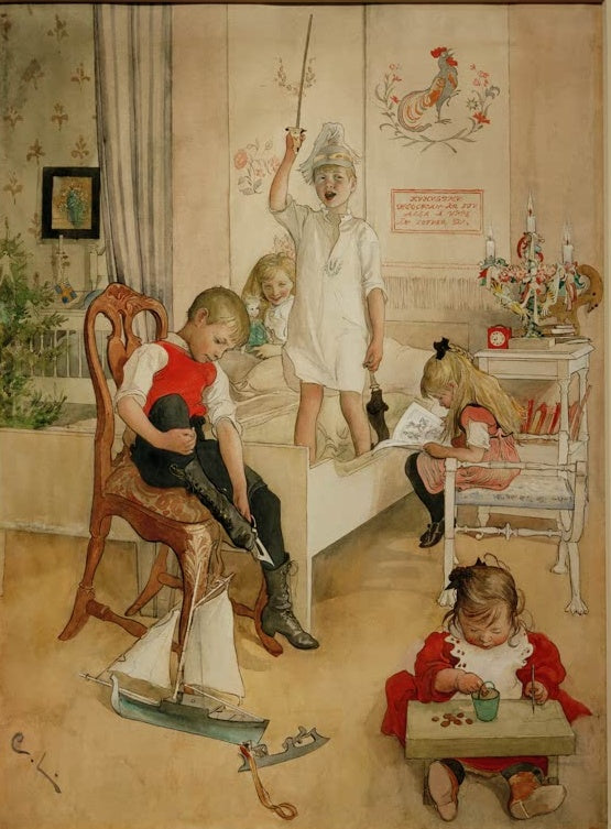 Carl Larsson Am Morgen des Weihnachtstages Kunstkopie, Kinder spielen im Zimmer mit Weihnachtsgeschenken