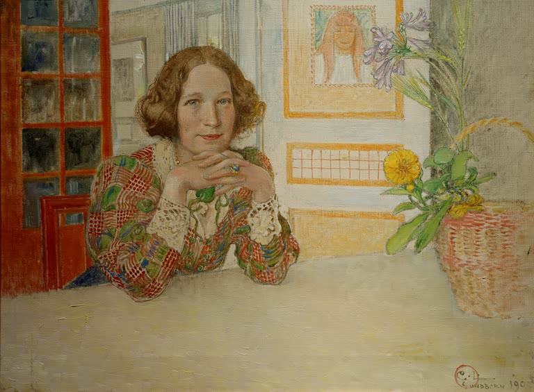 Frau stützt das Kinn auf die Hände, am Tisch neben Korb mit gelber Blume – Carl Larsson Annastina Alkman Kunstkopie