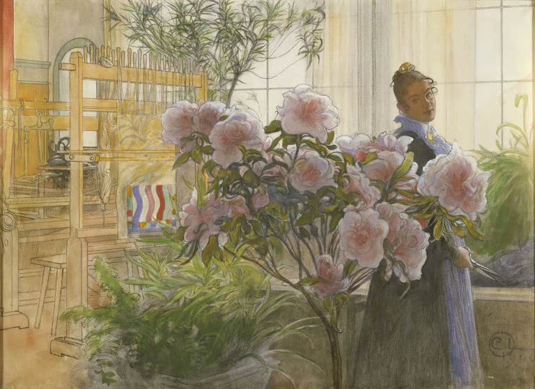 Frau mit Haarknoten hinter blühender rosa Azalee vor einem Webstuhl – Carl Larsson Azalee Kunstkopie