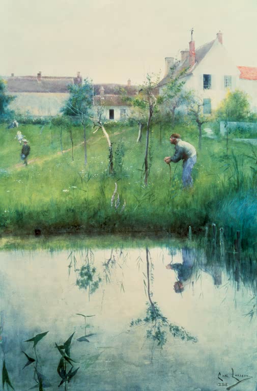 Zwei Gärtner schneiden Obstbäume, davor ein Teich mit Spiegelungen – Carl Larsson Beschneiden der Bäume Kunstkopie