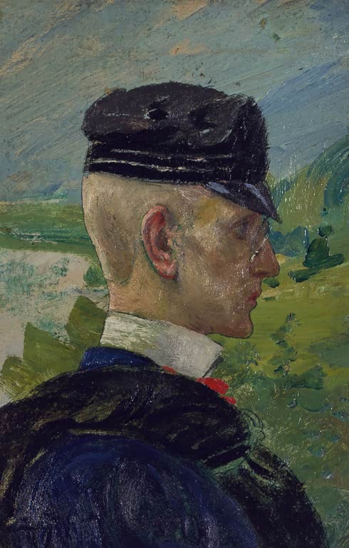 Profil eines Jungen mit dunkler Mütze vor grüner Landschaft – Carl Larsson Bildnis eines Knaben Kunstkopie
