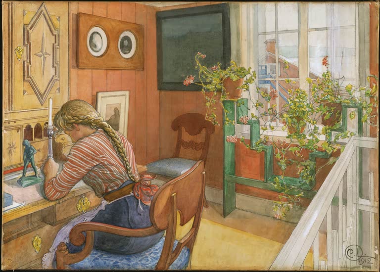 Mädchen mit geflochtenem Zopf schreibt Briefe am Schreibtisch neben Geranien – Carl Larsson Briefschreiben Kunstkopie