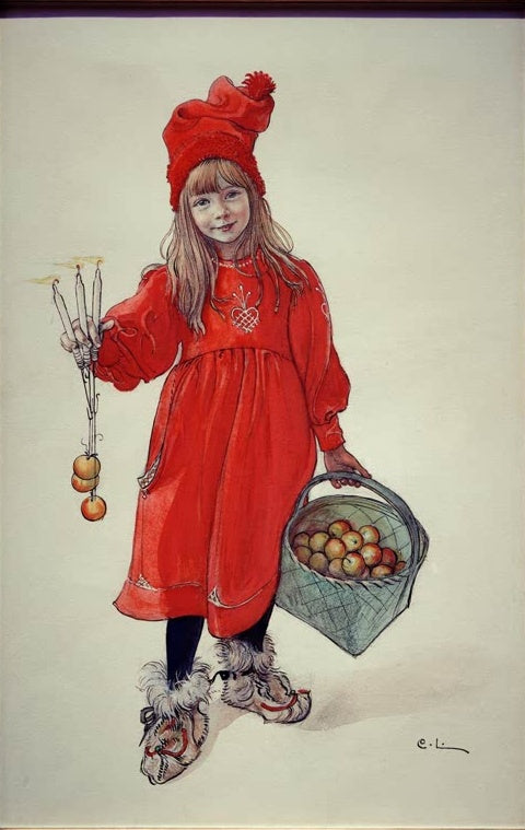 Mädchen in rotem Kleid und roter Mütze mit Apfelkorb und Zweig – Carl Larsson Brita als Idun Kunstkopie