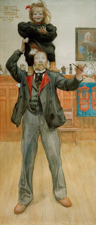 Mann trägt lachendes Mädchen auf den Schultern im Zimmer – Carl Larsson Brita und ich Kunstkopie