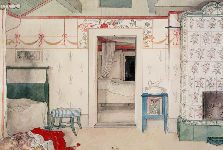 Kinderzimmer mit gemusterter Tapete, Kachelofen und Tür zum Schlafzimmer – Carl Larsson Britas Schläfchen Kunstkopie