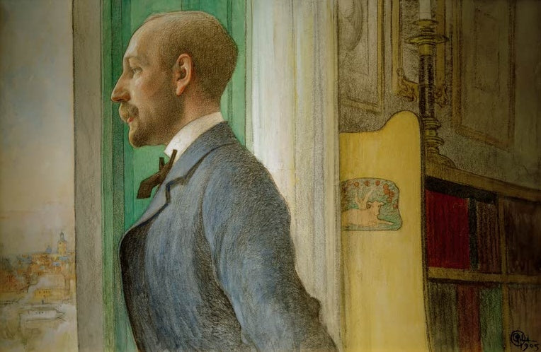 Carl Larsson Carl Gustaf Laurin Kunstkopie, Mann im Profil mit Schnurrbart vor grüner Tür und Stadtblick