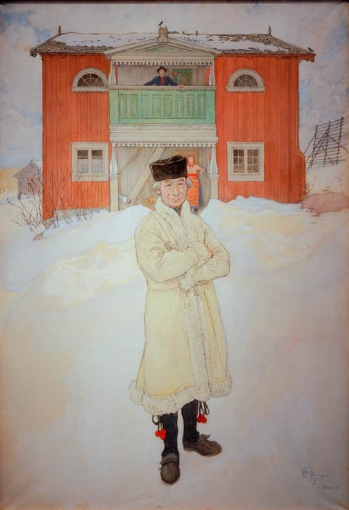 Mann im hellen Pelzmantel steht vor rotem Holzhaus im Schnee – Carl Larsson Daniel Mats Kunstkopie