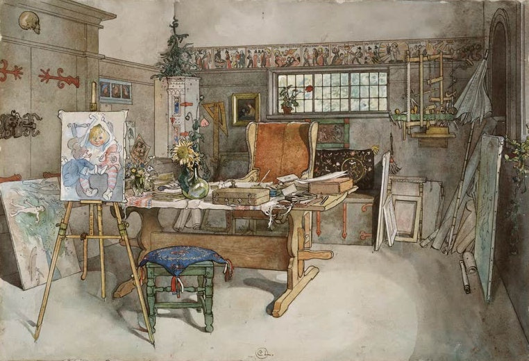 Carl Larsson Das Atelier Kunstkopie, Malerateliers mit Staffelei, Ledersessel und Blumenstrauß am Fenster