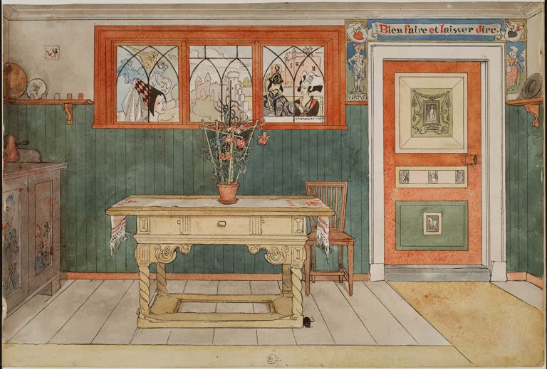 Holztisch mit Blumentopf vor Fenster mit Glasmalerei und oranger Tür – Carl Larsson Das Esszimmer Kunstkopie