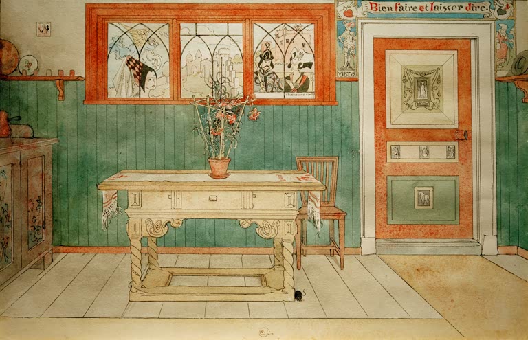 Heller Holztisch mit Blumentopf vor grüner Wand und roter Tür – Carl Larsson Das Eßzimmer Kunstkopie