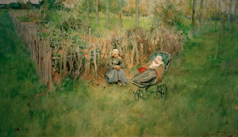 Carl Larsson Das Mädchen im Grünen Kunstkopie, Bäuerin sitzt neben Kinderwagen an grüner Hecke im Garten