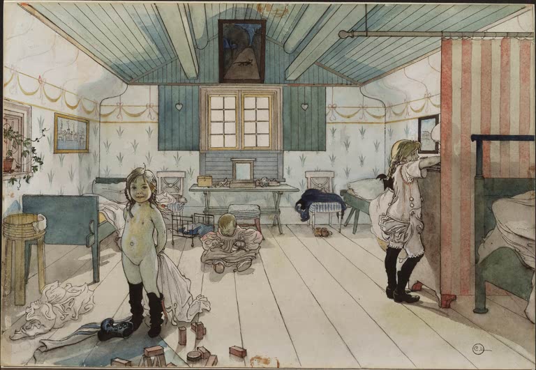 Helles Kinderzimmer mit Betten und Spielzeug – Carl Larsson Das Schlafzimmer von Mama und den kleinen Mädchen Kunstkopie