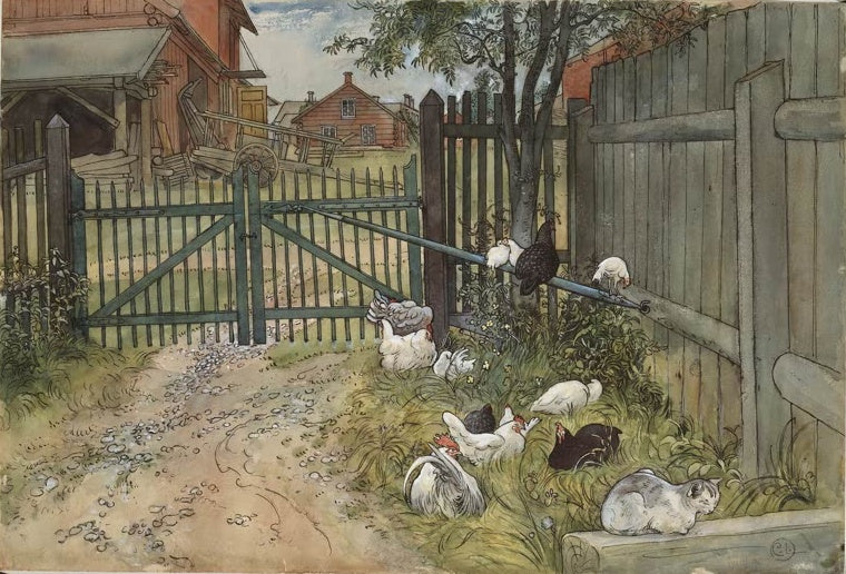 Carl Larsson Das Tor Kunstkopie, grünes Gartentor mit Hühnern und weißer Katze vor Bauernhaus in Sundborn