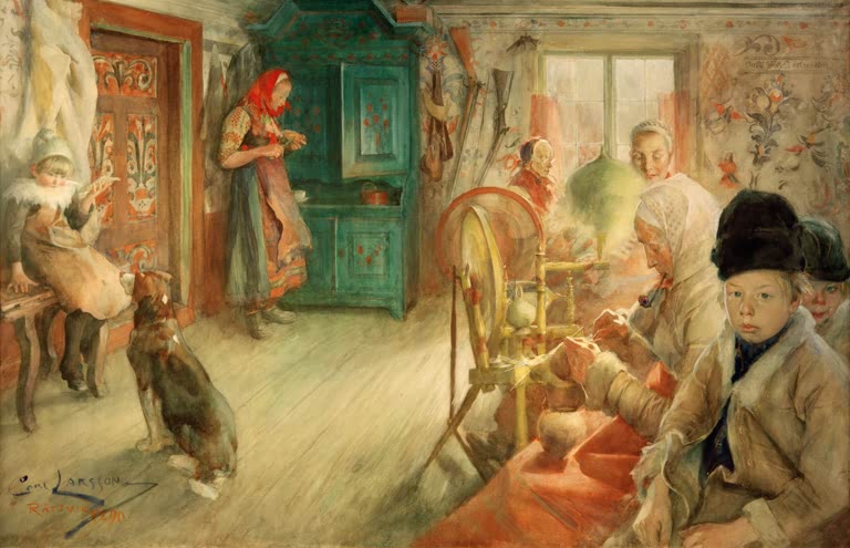 Bauernstube mit Spinnrad, Kindern, Hund und bemalten Wänden – Carl Larsson Das Winterhaus Kunstkopie