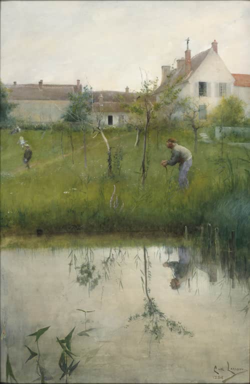 Mann zwischen jungen Bäumen am Teich vor Haus – Carl Larsson Der Alte Mann und die jungen Bäume Kunstkopie