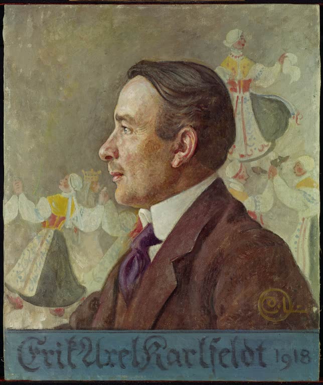 Mann im Profil vor tanzenden Trachtenfiguren – Carl Larsson Der Dichter Erik Axel Karlfeldt Kunstkopie