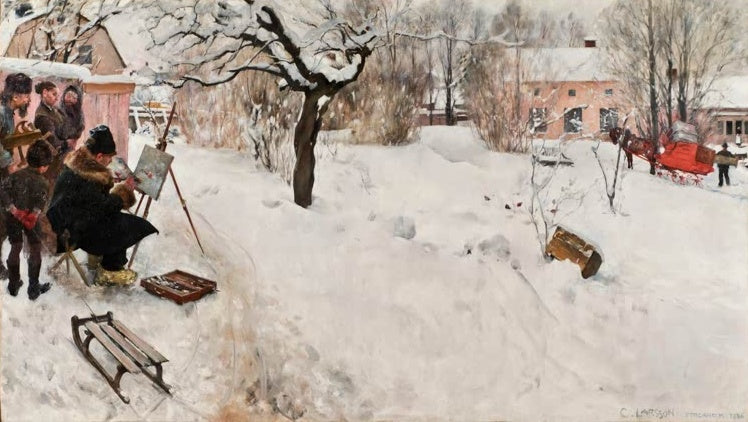 Maler an der Staffelei im verschneiten Garten, Kinder schauen zu – Carl Larsson Der Freilichtmaler Kunstkopie
