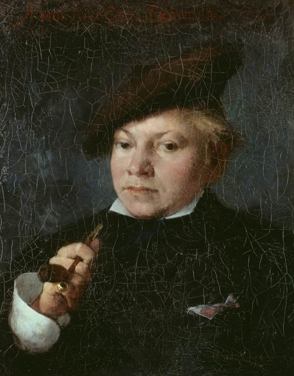 Mann mit dunklem Hut und weißem Kragen hält ein Glas in der Hand – Carl Larsson Der Künstler Carl Skånberg Kunstkopie