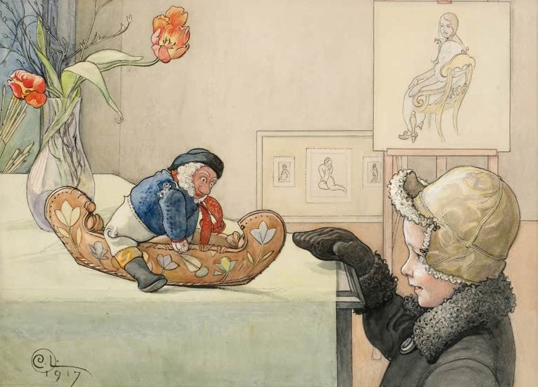 Carl Larsson Der lustige kleine Mann Kunstkopie, Kind betrachtet Puppenfigur in bemaltem Holzschuh mit Tulpen