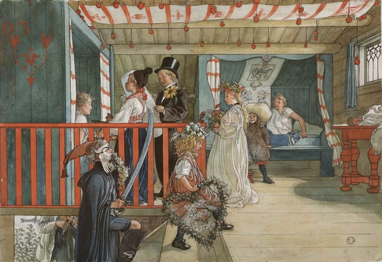 Carl Larsson Der Namenstag Kunstkopie, verkleidete Gratulanten an grüner Balustrade mit Blumen und Zylinder