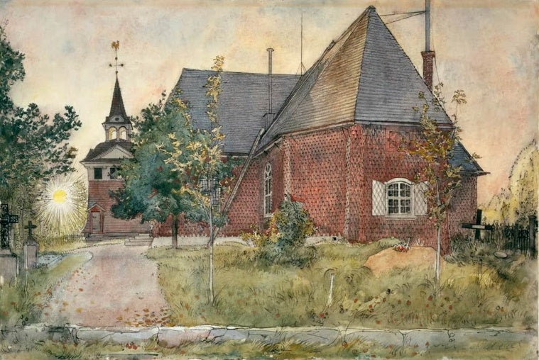 Rote Backsteinkirche mit Spitzdach und Turm, Weg und Wiese davor – Carl Larsson Die alte Kirche von Sundborn Kunstkopie