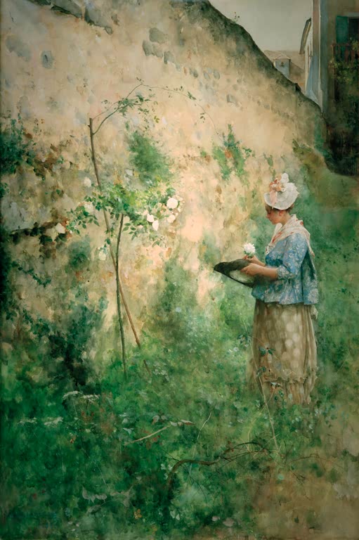 Frau in historischer Tracht mit Schale vor einer berankten Gartenmauer – Carl Larsson Die alte Mauer Kunstkopie
