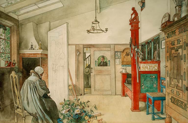 Atelier mit alter Frau, roter Schnitzsäule und Wiesenblumen – Carl Larsson Die andere Hälfte des Ateliers Kunstkopie