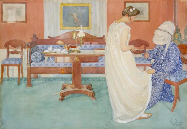 Frau in weißem Kleid und Frau mit Haube am Tisch im hellen Zimmer – Carl Larsson Die Brautjungfer Kunstkopie