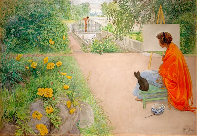 Frau mit orangem Umhang malt an der Staffelei im Garten, Katze daneben – Carl Larsson Die Brücke Kunstkopie