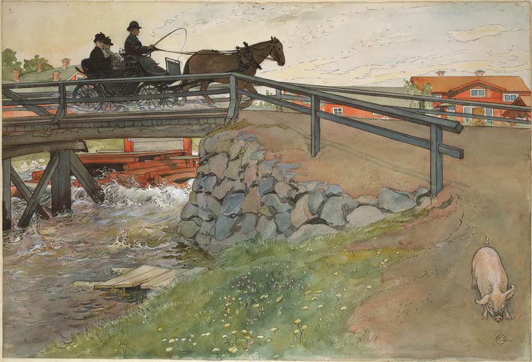 Pferdewagen auf einer Holzbrücke über einen rauschenden Bach, im Vordergrund ein Schwein – Carl Larsson Die Brücke Kunstkopie