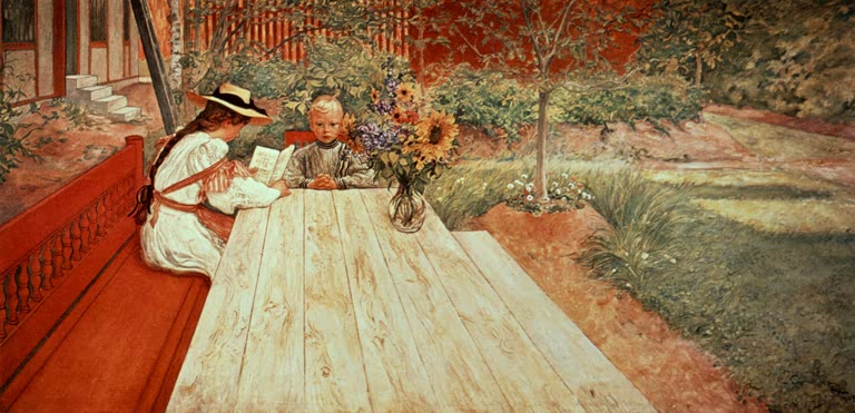 Zwei Kinder lesen am hellen Holztisch im sonnigen Garten – Carl Larsson Die erste Unterrichtsstunde Kunstkopie