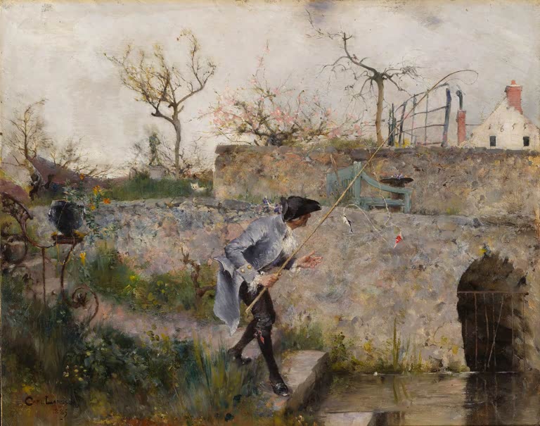 Mann im Rokokokostüm angelt an einer Gartenmauer mit blühenden Bäumen – Carl Larsson Die Fische beißen Kunstkopie