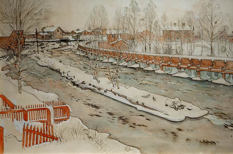 Verschneiter Fluss mit Holzrinne, Birken und roten Zaunlatten – Carl Larsson Die Holzrinne. Winterbild Kunstkopie